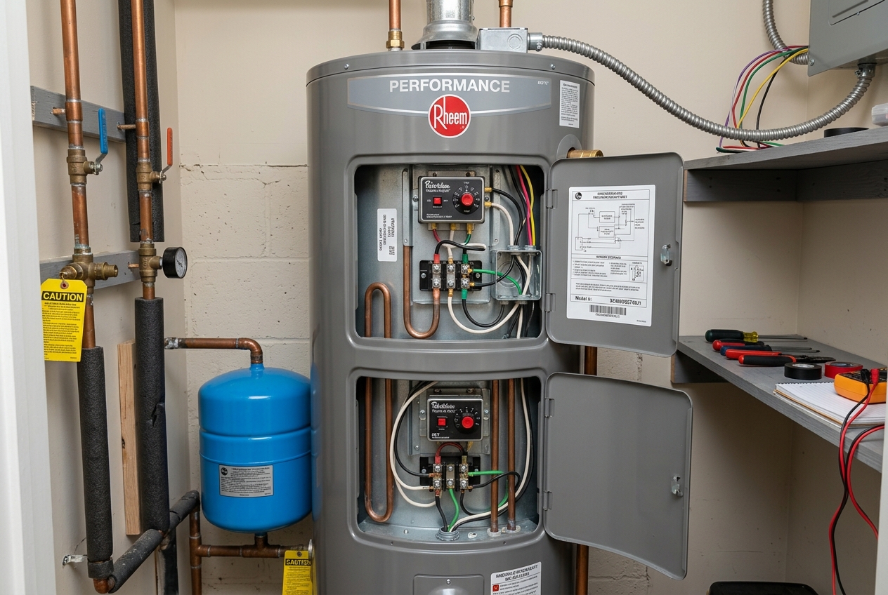 Electric water heater with access panels showing heating elements