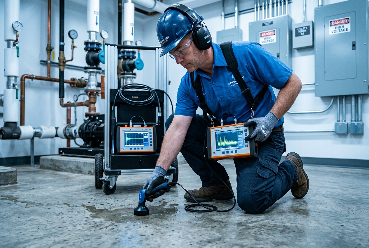 Technician using acoustic leak detection equipment
